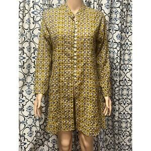Dolma Button Down Tunic Yellow Gray Floral Print SZ M 100% Cotton